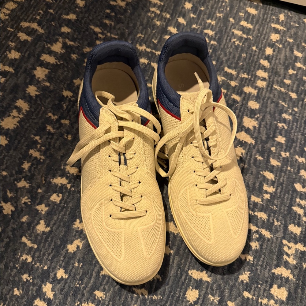 Cream and Blue Rothy’s sneakers